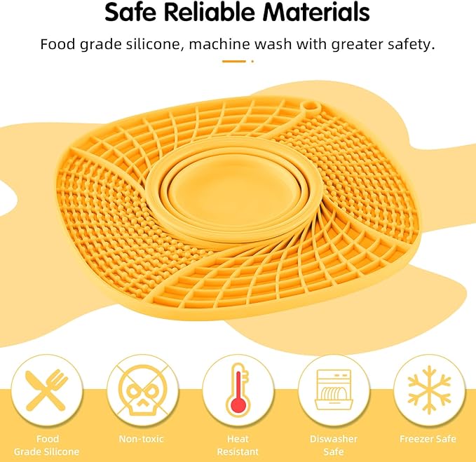 Lick Mat for Small Dogs and Cats with Suction Cups, Silicone Slow Feeder Lick Pad with Collapsible Bowl for Anxiety Relief, Pet Puzzle Treat Mat for Bathing Grooming Trimming (Yellow)