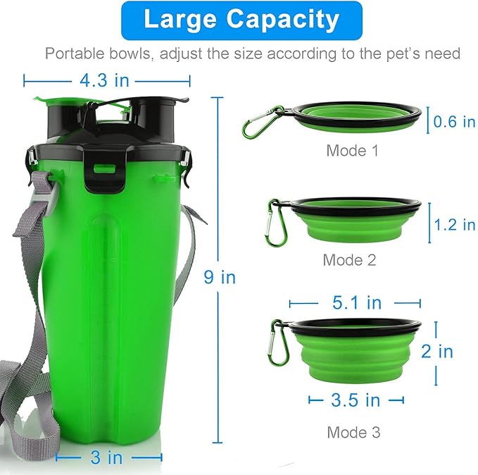 Dog Travel Water Bottle Collapsible Bowls, 2 in 1 Pet Food Container with Collapse Bowls, Outdoor Portable Water Bowls for Walking, Traveling, Camping and Hiking (Green)