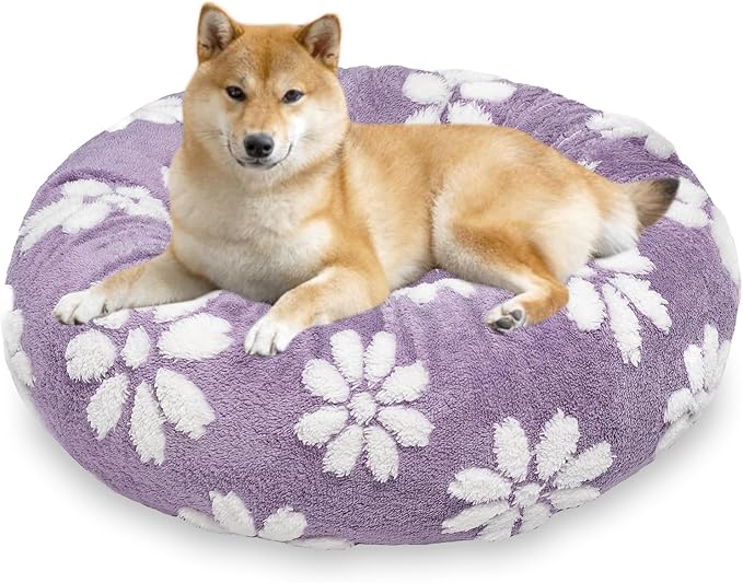 Donut Dog Beds for Medium Dogs, Calming Round Cat Beds for Indoor Cats, Cute 3D Textured Flower Pet Bed with Removable Washable Cover and Anti-Slip Bottom（Purple，30"）