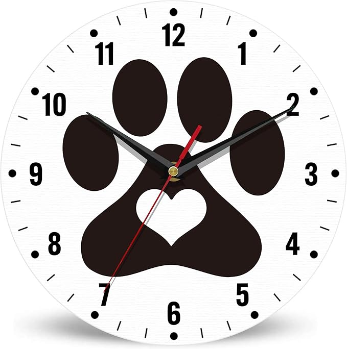 SPUNKER Clock for Bedroom,Black Cat Dog Paw Print Wall Clock Battery Operated 10 Inch,Cute Love Round Clock Silent Non-Ticking Wall Decor for Farmhouse Office Home School Living Room Bedroom