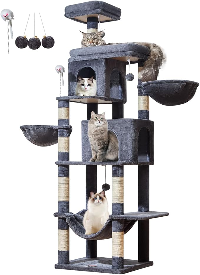 Taoqimiao Cat Tree, 77-Inch Cat Tower for Large Cats Multi-Level Cat Condos for Indoor Cats with 2 Condos, Extra-Lagre Platform, 2 Hanging Baskets, Hammock, 8 Scratching Posts, MS044G Smoke Gray