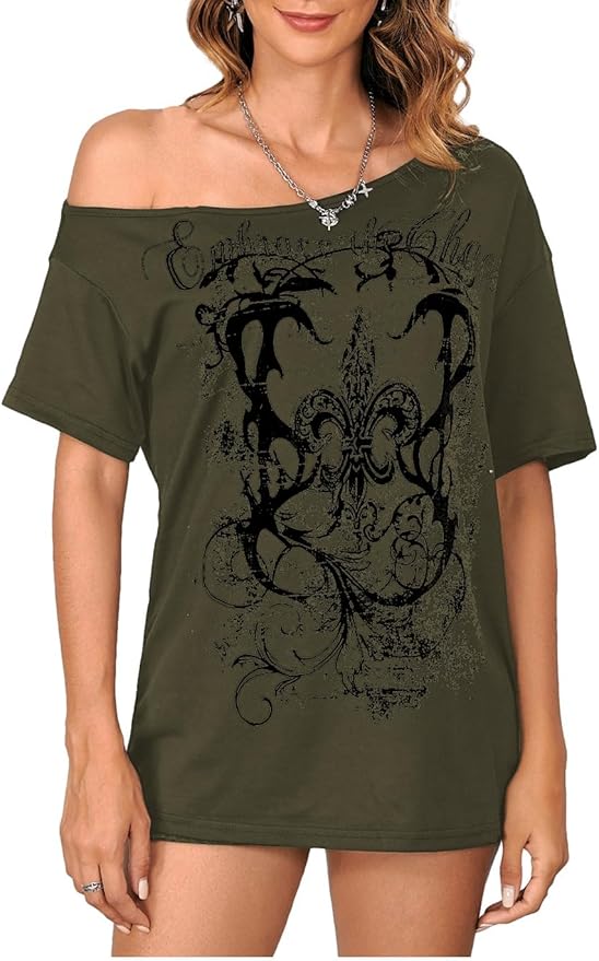 SOLY HUX Women's Off The Shoulder Tops Graphic Tees Y2k Vintage Gothic Oversized T Shirts Streetwear