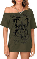 SOLY HUX Women's Off The Shoulder Tops Graphic Tees Y2k Vintage Gothic Oversized T Shirts Streetwear