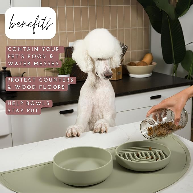 Waterproof Silicone Pet Food Mat - Non-Slip, Spill-Proof Feeding Mats for Floors, Raised Edge Design, Easy-to-Clean, Rubber Mat for Dog & Cat Bowls, 28" Across x 14" Deep, Large-Sage