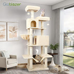 Globlazer Cat Tree Tower, 76-Inch Extra Tall Multi-Level Cat Furniture with Cozy Condos, Hammock and Perches for Adult Cats, Perfect for Climbing, Scratching, and Play, F76, Beige