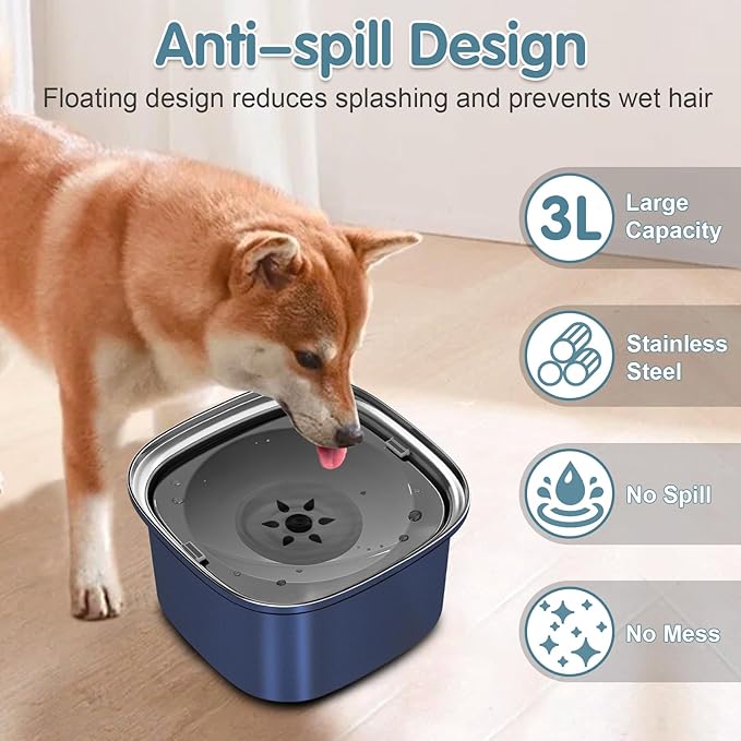 UPSKY 3L Dog Water Bowl 101oz Stainless Steel No Spill Large Capacity Dog Food Water Bowl Slow Water Feeder, Spill Proof Pet Water Dispenser Vehicle Carried Travel Water Bowls