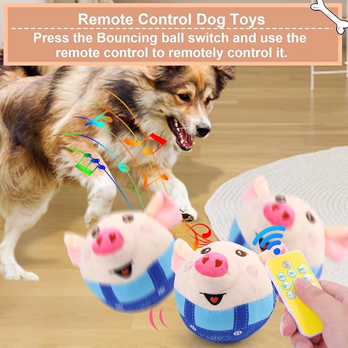 BABORUI Blue Pig Interactive Dog Toy, Remote Control Jumping Squeaky Toy with Recording & Music Modes, Rechargeable Moving Dog Chew Toy for Small/Medium/Large Dogs