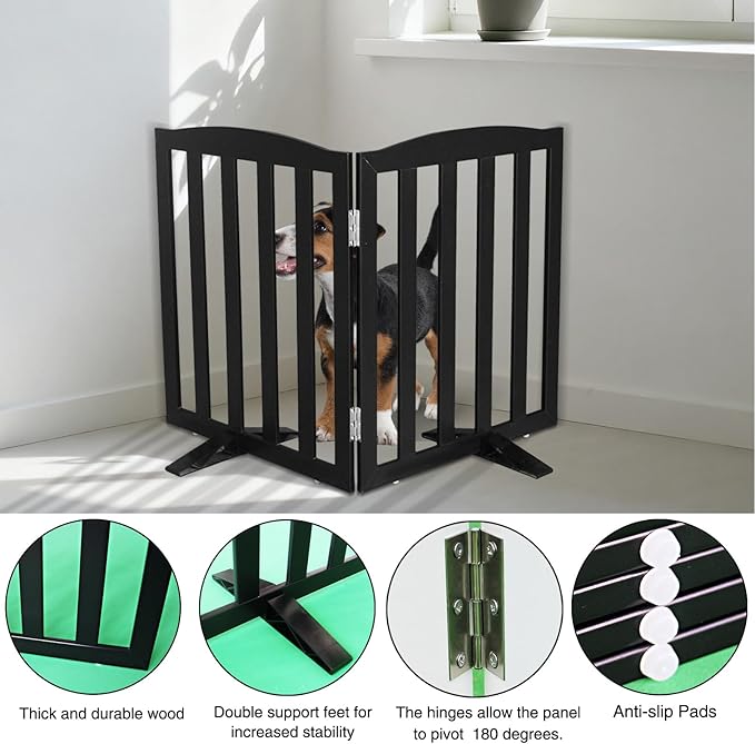 ZJSF Foldable Freestanding Indoor Dog Gate for House Wood Long Pet Gates Dog Fence for Stairs Puppy Gates for Hallways, Puppy Gate,Support Feet Included, Black, 24 "Height-2 Panels