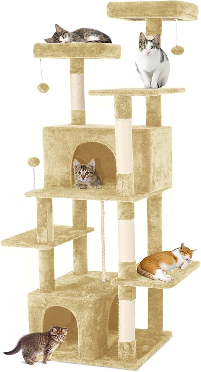 69-Inch Tall Cat Tree with Huge Condos, Multi-Functional Cat Tower with Top Perches, Scratching Posts, Pompoms, for Climbing, Lounging and Playing (Beige)