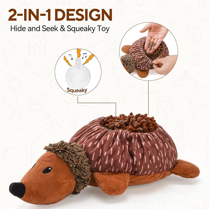 Interactive 2 in1 Snuffle and Squeaky Plush Dog Toy, Treat Hiding Dog Toys, Enrichment Stuffed Toys, Hedgehog Shape