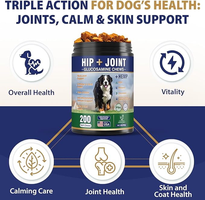 Hip and Joint Supplement for Dogs 200 Hemp Dog Calming Chews with Glucosamine, Chondroitin, Msm, Omega 3, Melatonin for Senior Dogs Anxiety, Dog Pain Relief Anti Inflammatory Small/Medium/Large Breed