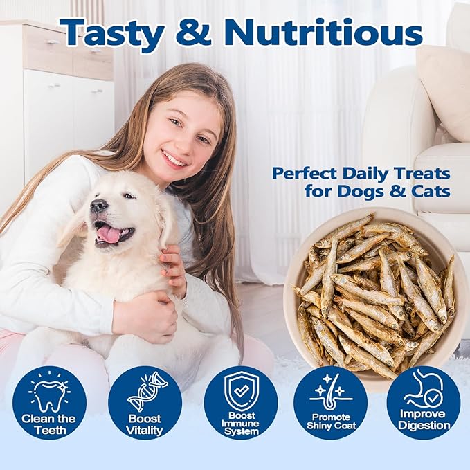 Amzey 3.5oz Minnows Dog Treats - Freeze Dried Minnows Cat Treats - High Protein & Premium Quality Training Treats - Bulk Package (1.6" to 2.8" Length Each)