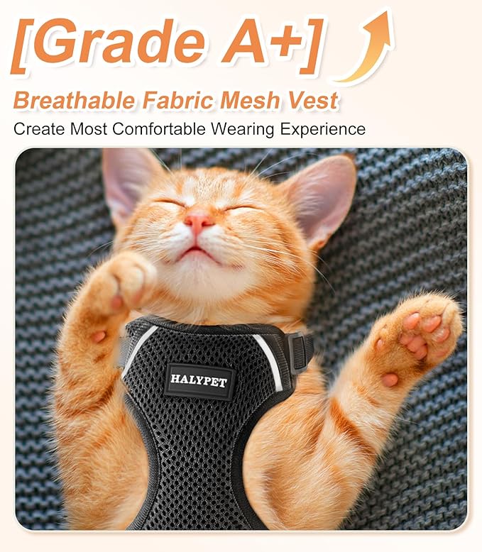 Halypet Cat Harness and Leash Set [ MAX Safety Third Generation ] Escape Proof Soft Adjustable Cat Leash Breathable Comfortable Vest Easy to Wear Kitten Harness for Outdoor Walking