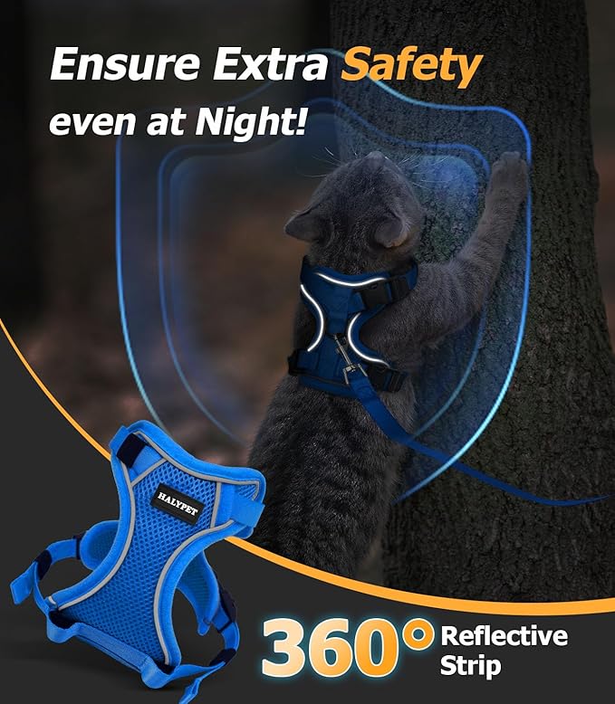 Halypet Cat Harness and Leash Set [MAX Safety 4th-Gen Upgrade] Escape Proof Adjustable Cat Leash Comfortable Soft Vest Easy to Wear Kitten Harness with Reflective Strip for Cats Walking, XS Blue