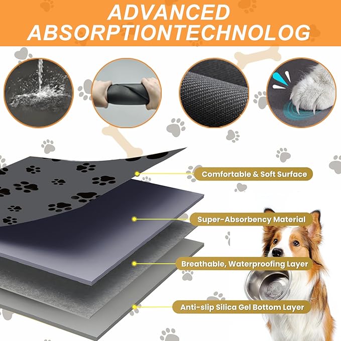 18"×30" Dark Grey Absorbent Dog Mat for Food and Water Bowl- Quick Dry Durable Feeding Mat for Dog and Cat Easy Cleaning Pet Supplies for Messy Pets