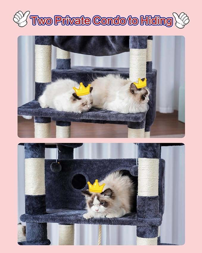 Cat Tree for Indoor Cats Large Adult, 74" Cat Tower with 3 Big Platforms, 2 Baskets, 2 Condos, Multi-Level Cat Scratching Posts, Smoky Gray GCT030G