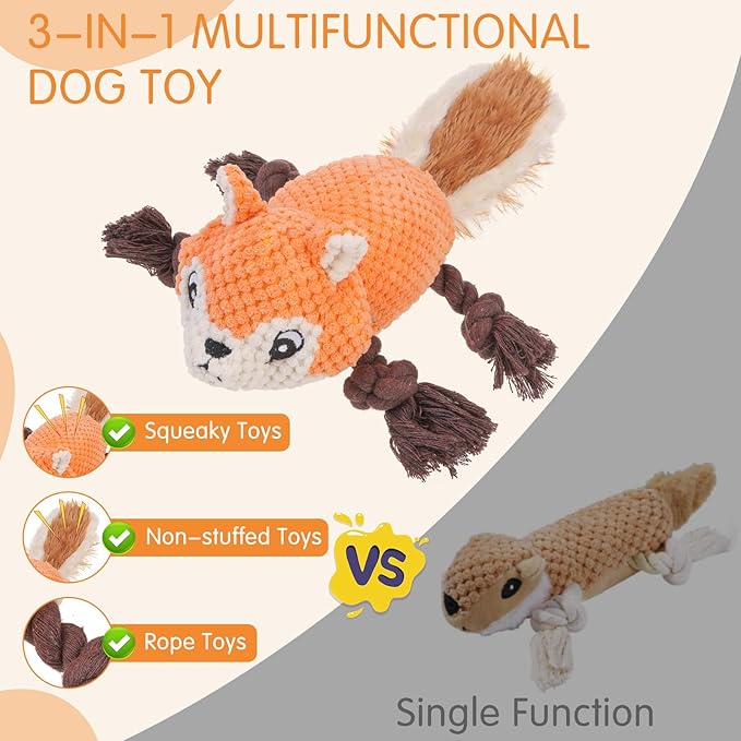 SCENEREAL Tug of War Stuffed Dog Toys for Small Medium Large Dogs,Durable Squeaky Interactive Dog Chew Toys, Keep Them Busy Dog Chew Guard Technology with Rope for Training Indoor(Squirrel, Orange)
