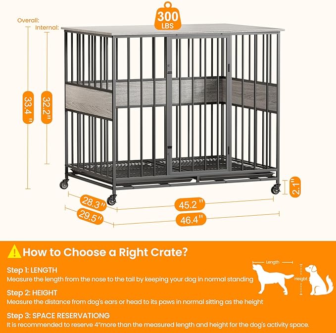 Dog Crate Furniture for Extra Large Dogs, 47 Inch Indoor Kennel, Wooden Pet Cage Decorative Corner End Table with Caster Wheels & Double Removable Tray, Greige