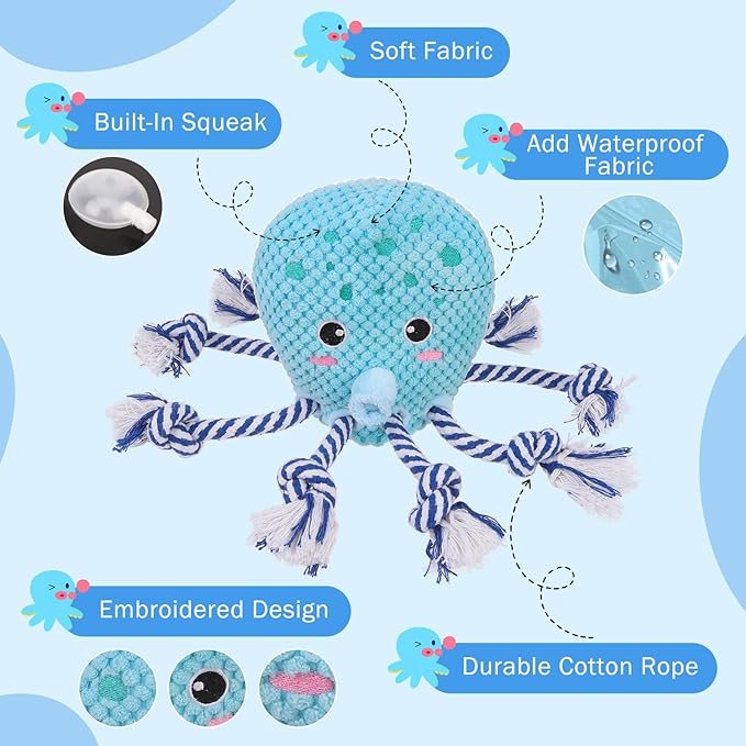 SCENEREAL Tug of War Stuffed Dog Toys for Small Medium Large Dogs,Squeaky Interactive Dog Chew Toys, Durable Dog Toy Keep Them Busy Chew Guard Technology with Rope for Training Indoor(Octopus, Blue)