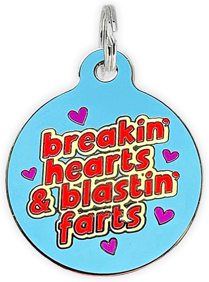 Personalized QR Code Dog Tags - Choose from 25+ Tag Designs - QR Code Links to Your Profile - Unique, Cute, Funny, Sassy Pet ID Tag (Breakin' Hearts & Blastin' Farts, Large (1.25 inch))