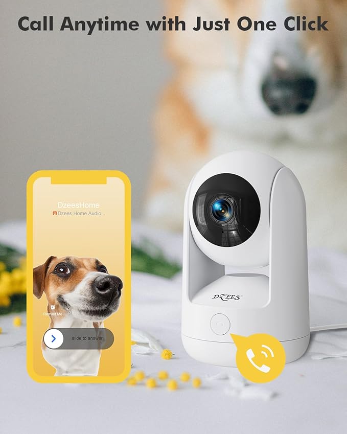 Dzees Indoor Security Camera Pet Camera No Subscription, 2K 360° WiFi Cameras, Wired Dog Pet Camera with Phone App, MagicPix Night Vision, Calls, 2-Way Audio, 24/7, Motion Tracking, Privacy, 2.4Ghz