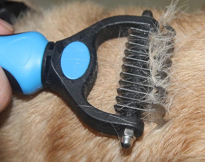Maxpower Planet Pet Grooming Brush - Double Sided Dematting Undercoat Rake for Dogs and Cats, Extra Wide Pet Brush to Reduce Shedding by 95% (Blue, S)