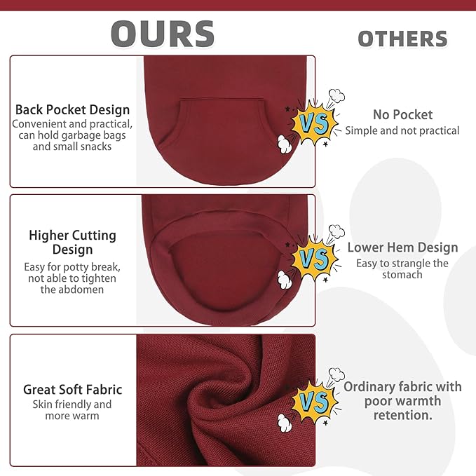 KOOLTAIL Soft and Warm Dog Hoodie Sweater with Leash Hole and Pocket, Winter Coat for Small to Large Dogs, Cat, Puppy, Boys, Girls - Deep Red SM