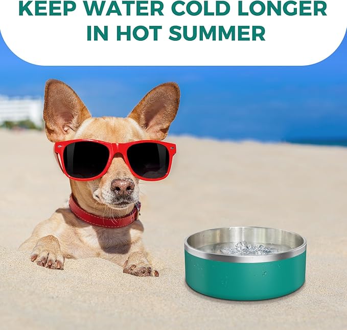 LIHONG Stainless Steel Dog Bowls for Large Dogs,Dog Food Water Bowls with Non Slip Rubber Bottom,Pet Feeding Bowl,Double Wall Insulated,Rustproof(64oz,Deep Green)