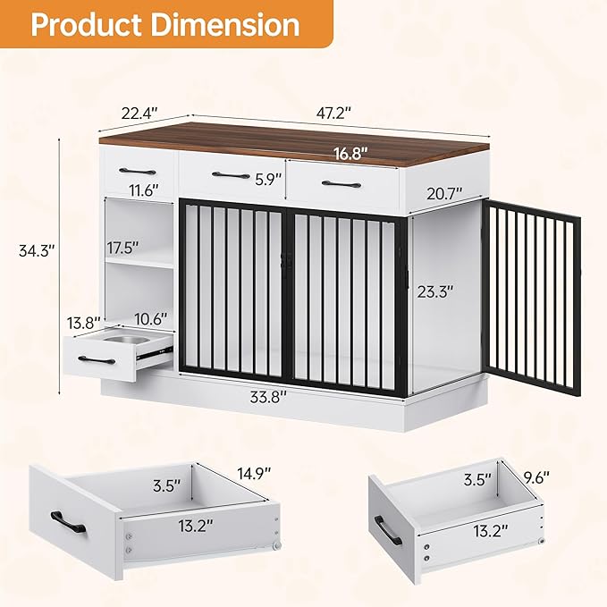 Large Dog Crate Furniture, 47.2'' Dog Kennel Indoor with 3 Storage Drawers and Hidden Feeding Bowl, Sturdy Wooden Dog Crate with 2 Doors and Adjustable Shelf for Small, Medium Dogs