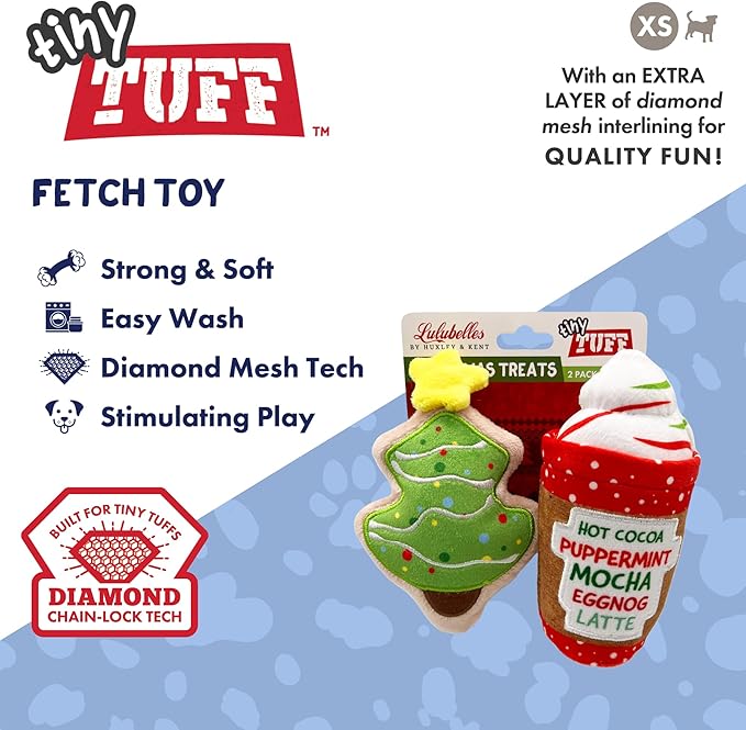 Huxley & Kent Funny Dog Toy w/Squeaker – Holiday Power Plush Squeaky Dog Toys for Small Dogs – Durable Small Stuffed Animal for Indoor Play & Fetch - Tiny Tuff Christmas Tree Cookie