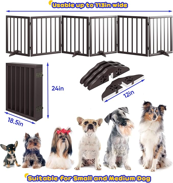 Semiocthome Wooden Freestanding Dog Gates for The House Extra Wide, 6-Panel Pet Gates for Puppy/Doggy with 4PCS Support Feet, Foldable 24“(H) Dog Fences Indoor, Expands Up to 9(ft) /113" (W)- Brown