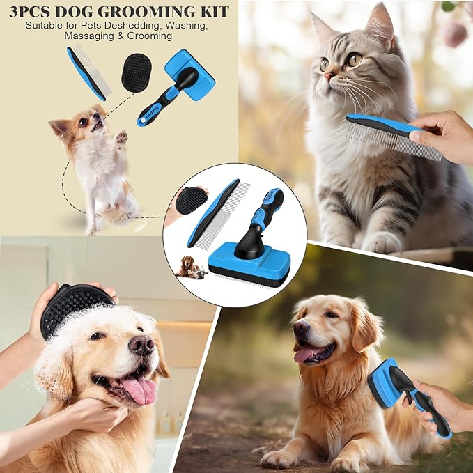 3PCS Dog Grooming Kit - Deshedding Brush, Slicker Brush, Bath Brush and Comb for Pet Supplies (Blue Black)