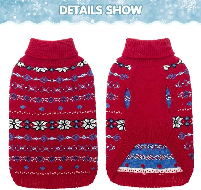 BINGPET Dog Sweaters for Small Dogs,Winter Dog Sweater Warm Clothes Boys Girls with Leash Hole,Classic Snowflake Doggy Knitwear Clothes,Ideal Gift for Pet in New Year(Red, Small)