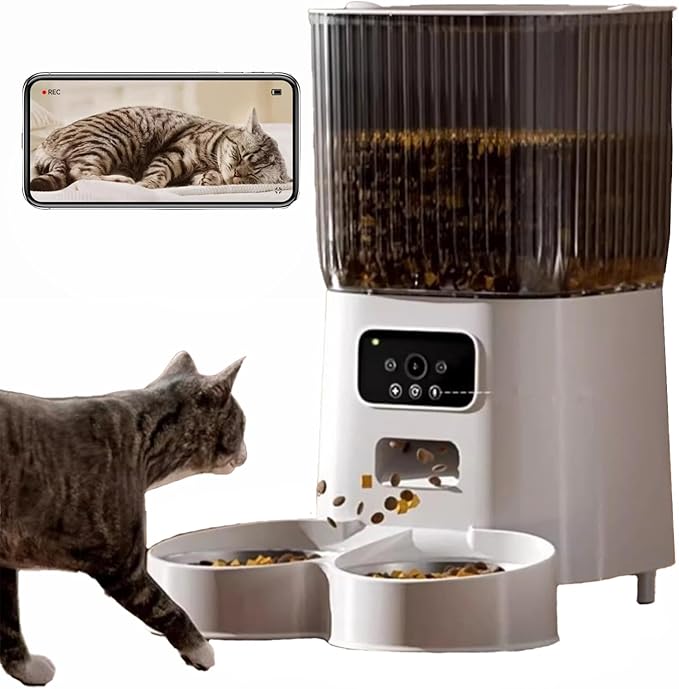 Automatic Cat Feeder 2 Cats with Camera, 5L Dual Pet Auto Timed Electric Smart APP Food Feeding Dispenser (White, 2 Bowls)