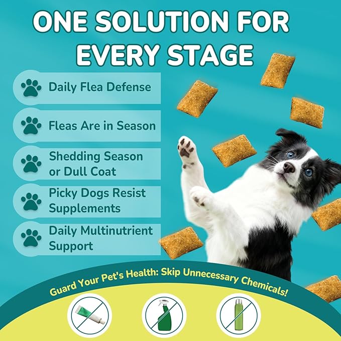 4-IN-1 Flea and Tick Prevention for Dogs, 500 Crunchy Dog Flea Chews, Dog Flea Treatment, Natural Oral Flea Treatment for Dogs, Daily Support for Flea, Skin & Coat, Gut, Immune, Chicken Flavor