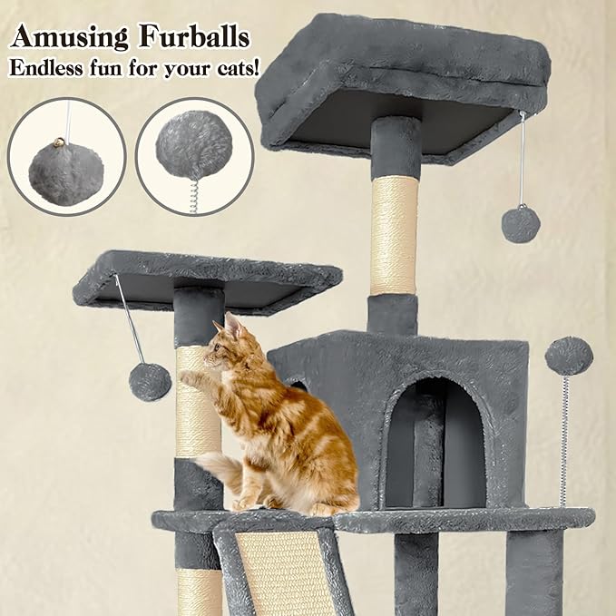 70" Cat Tree Tower for Indoor Cats, Multi-Level Cat Tower Condo with Sisal Scratching Post (Dark Gray)