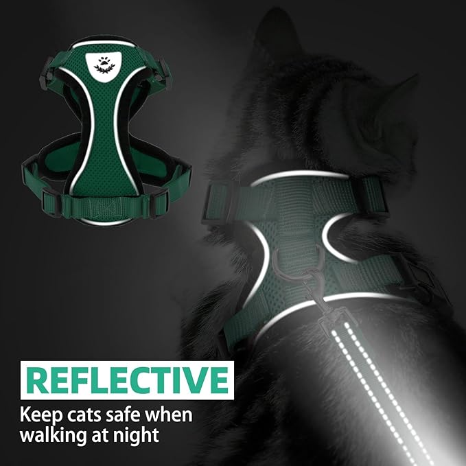 PUPTECK Cat Harness and Leash Set Escape Proof Reflective Cat Walking Harness Adjustable Soft Breathable Mesh Vest for Small Pets, Dark Green, S