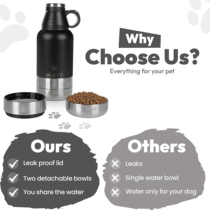 Stainless Steel Insulated Water Bottle with 2 Removable Water Bowls for Dogs – Leak-Proof Eco-Friendly Portable Dog Water Bottle - Travel Accessories for Dogs - 32oz - Black