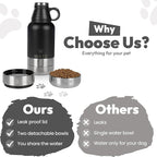 Stainless Steel Insulated Water Bottle with 2 Removable Water Bowls for Dogs – Leak-Proof Eco-Friendly Portable Dog Water Bottle - Travel Accessories for Dogs - 32oz - Black