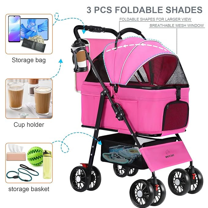 3 in 1 Pet Dog Stroller for Small Medium Dogs 10-50 lbs, Foldable Cat-Strollers for 2-Cats with Removable Carrier, Pet-Strollers for Cats with Storage Bag, Small Puppy-Stroller, Dog-Cart (Pink)