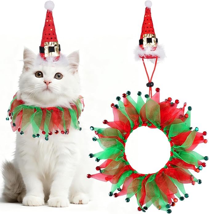2Pcs Dog Santa Hat and Tutu Collar Set, Pet Cat & Small Dog Christmas Outfit Costume for Xmas Holiday Birthday Party