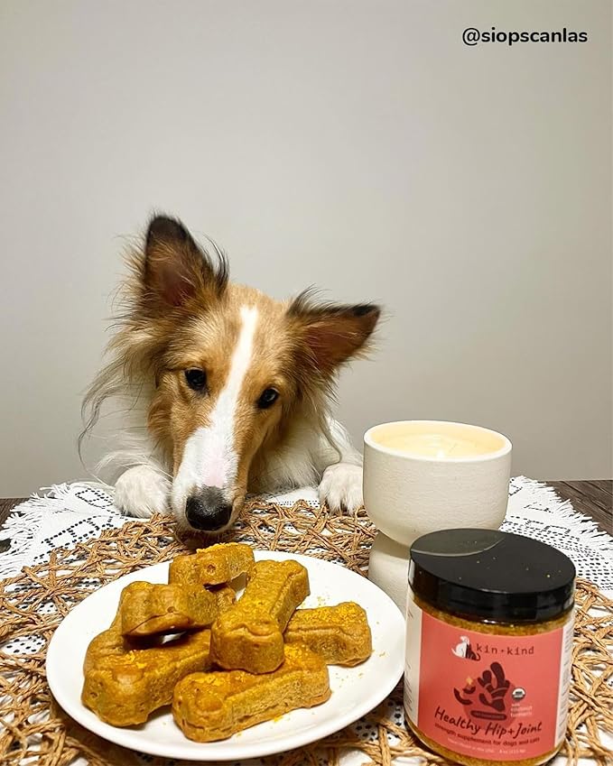 kin+kind Hip and Joint Supplement for Dogs & Cats – Vet Formulated Natural Joint Support with Organic Turmeric, Black Pepper & Coconut – Dog Essentials & Cat Essentials – Made in USA – 3x4 oz (Medium)