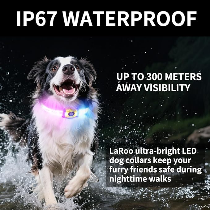 LaRoo LED Light Up Dog Collar, Multi-Color Glowing Safety Pet Collar, USB Rechargeable, Adjustable, Night Walk High Visibility Collar Safety Dog Light for Small Medium Dogs(Pink)