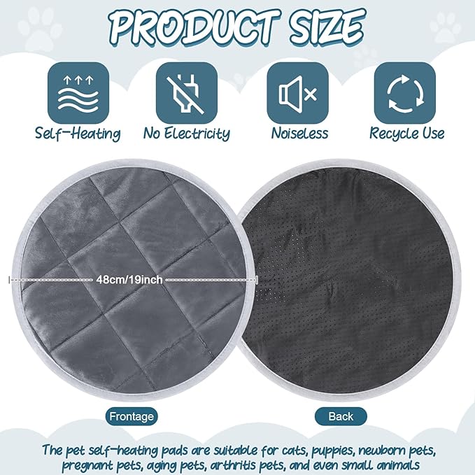 2 Pcs Cat Heating Pad Round 16 Inch Self Heating Cat Mat Washable Heated Cat Bed Anti Slip Cat Warming Pad Pet Bed Mat for Kennel Dog Crate Indoor Outdoor(Gray,19 Inch)