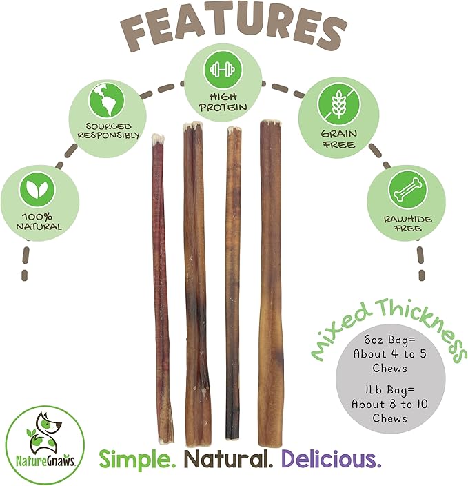 Gnaws Nature Bully Sticks for Dogs 11-12" (1Lb) - Mixed Thickness - Long Lasting for Aggressive Chewers and Large Dogs - Natural Beef Dog Chew Bones