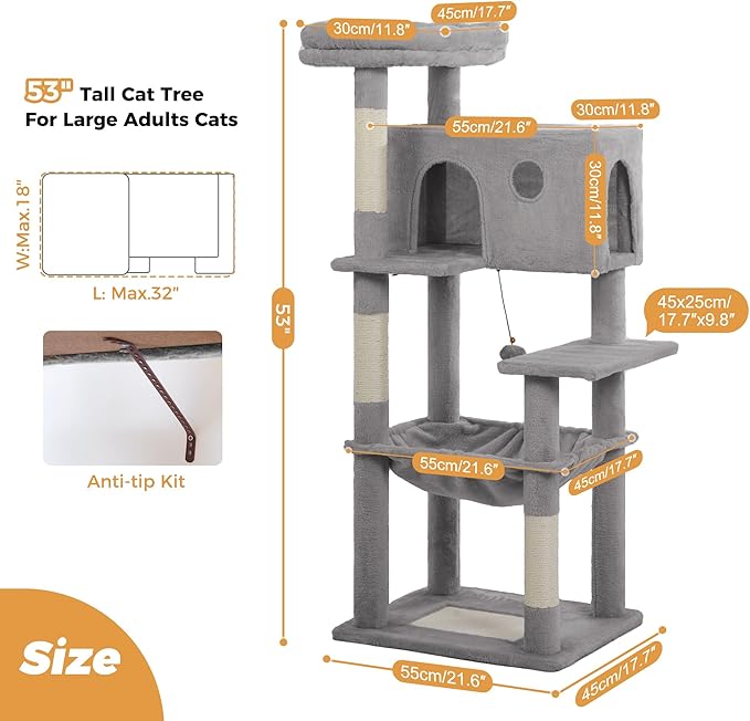 54” Cat Tree with Big Hammock 21x17” Adult Cat Tower with Scratching Posts Featuring Large Top Bed, Scratcher Pad, Spacious Condo House and Detectable Ball for Indoor Cats-Large Gray