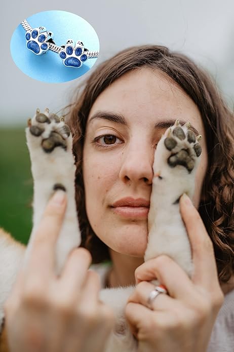 GEMDAZZ Sparkling Puppy Paw Print Charms in 925 Sterling Silver, Pave Dog Pawprint CZ Round Beads and Always in My Heart Charms, Gift for Animal Lover, fit European Women Bracelet/Necklace