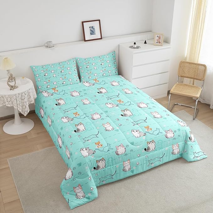 Kids Cute Bedding for Teen Girls Boys Cartoon Cat Comforter Set King, Kawaii Kitten Duvet Insert Corgi Puppy Quilt Comforter, Animal Pet Bedding Comforters & Sets Geometry Stripe Decor, Teal 3pcs