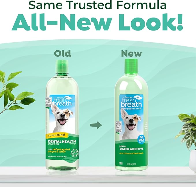 TropiClean Fresh Breath Water Additive for Dogs, Dog Breath Freshener and Teeth Cleaning Solution, No Toothpaste or Toothbrush Required, 33.8oz.