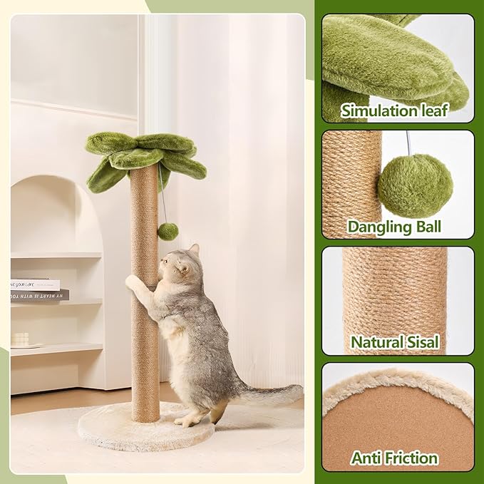 Palm Tree Cat Scratching Post, Sturdy 34 inches Tall Sisal Scratch Post with Interactive Dangling Ball, Cute Cat Scratcher for Indoor Adult Cats